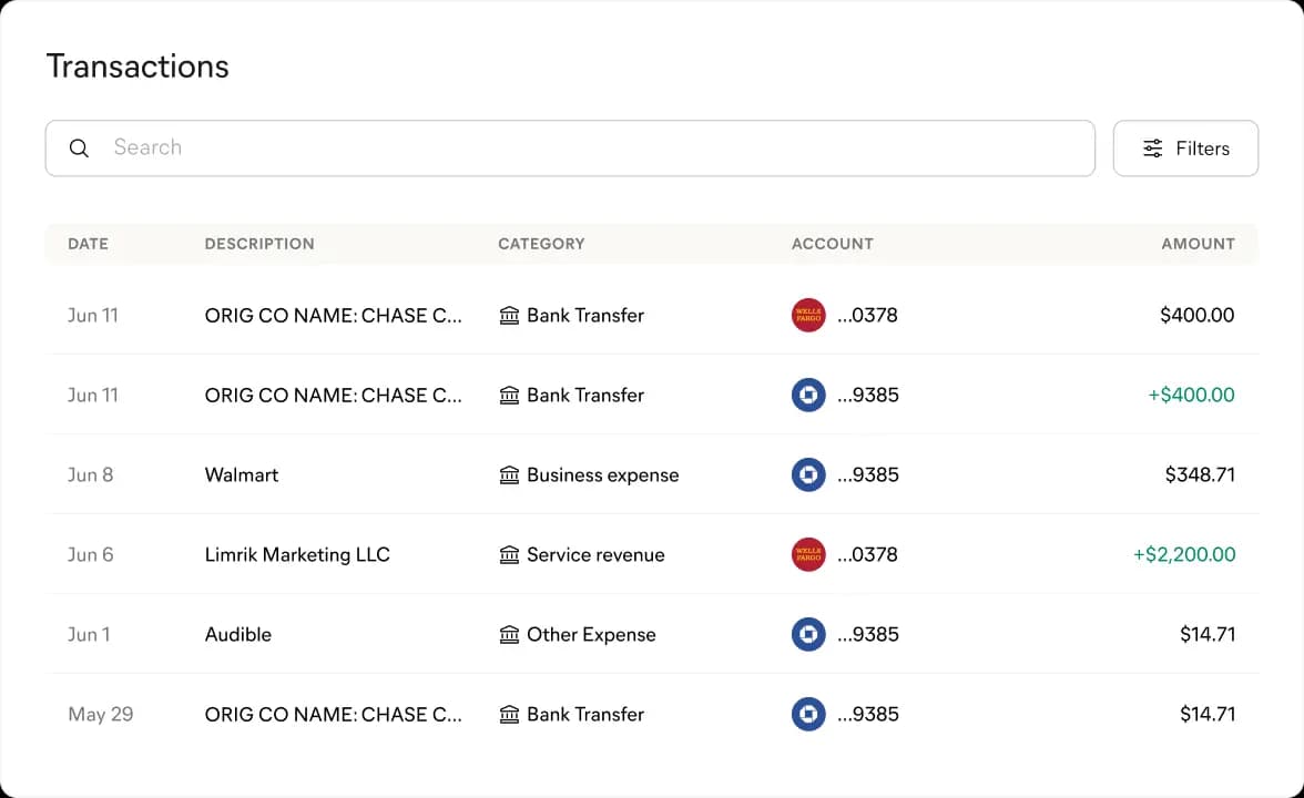 Transactions table showing automated categorization