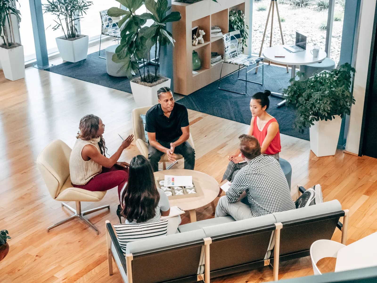 Five people talking around a low table in a bright, plant-filled office