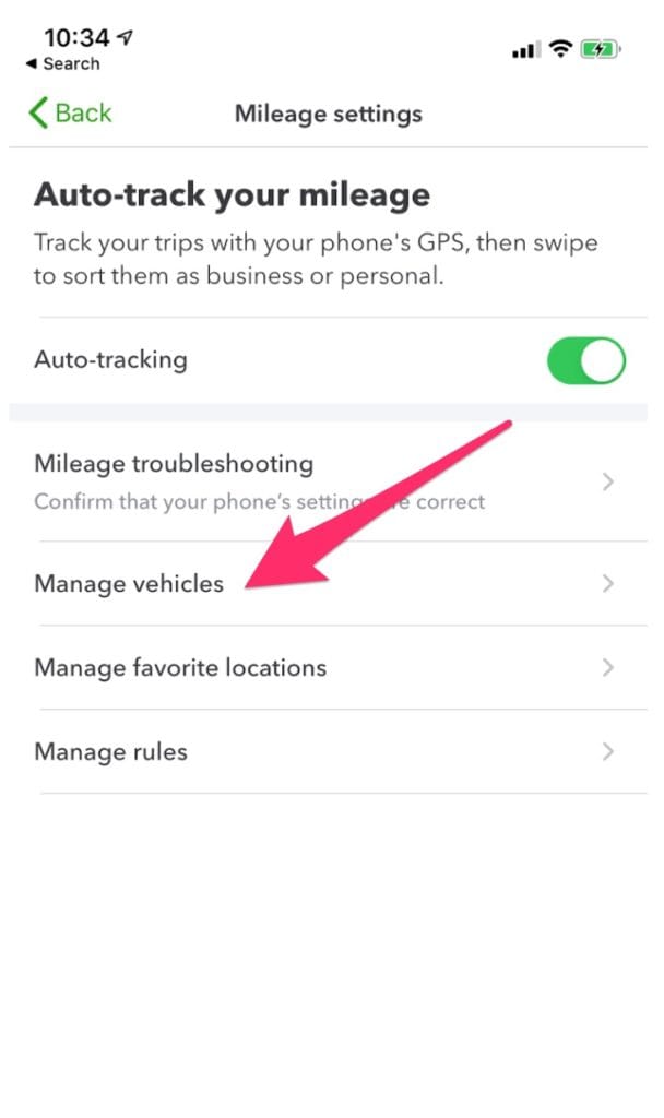 Screenshot of QuickBooks Online mileage tracking app and auto tracking settings