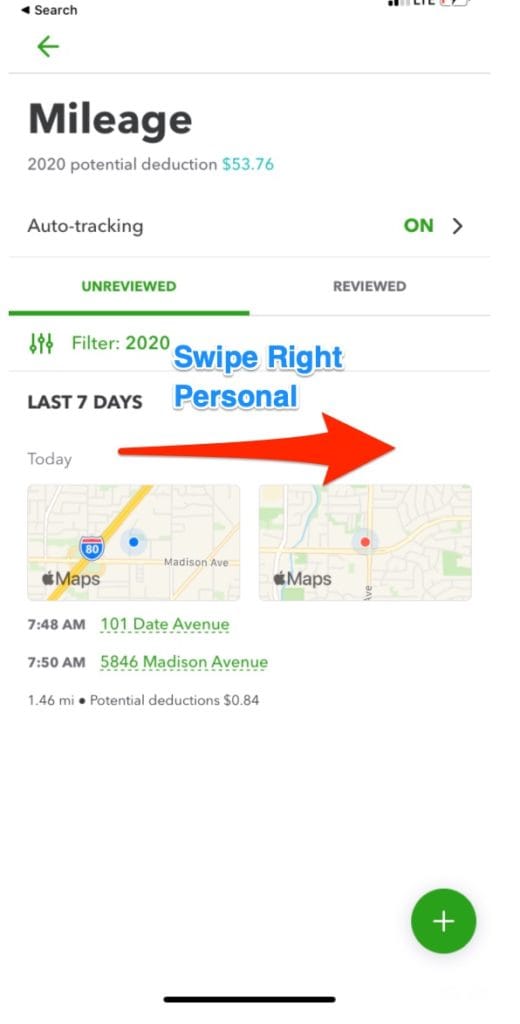 Screenshot of QuickBooks Online app mileage tracking feature
