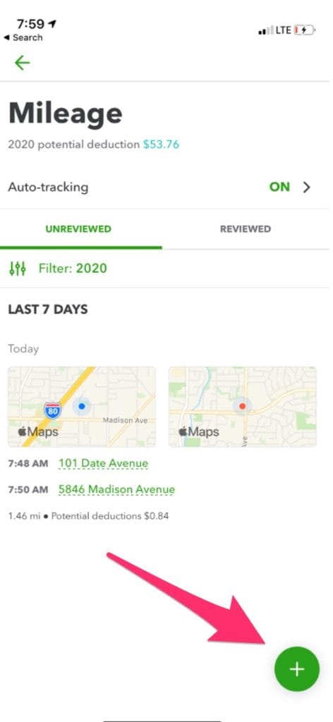 Screenshot of QuickBooks Online app mileage tracker feature