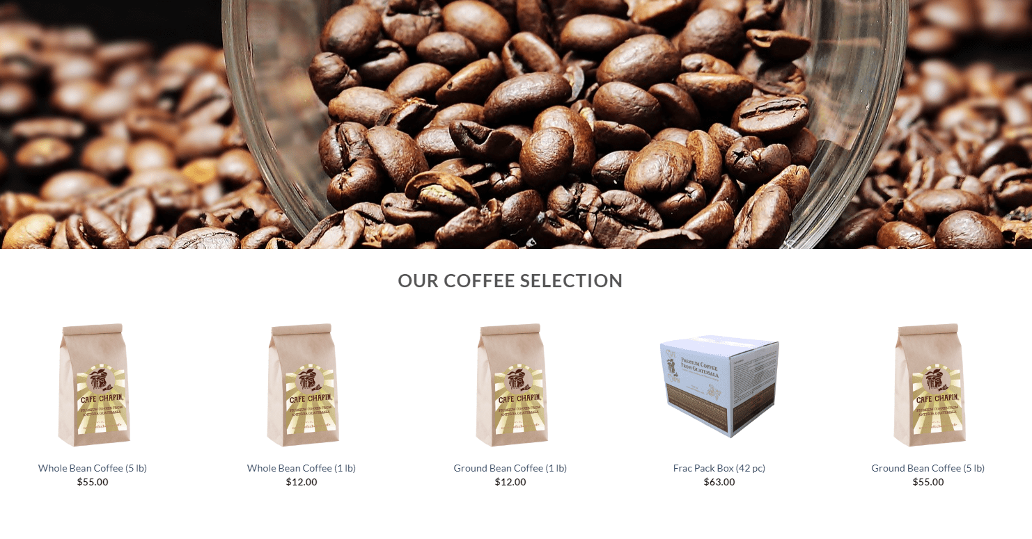 Screen capture of webpage. There's a banner at the top with a closeup of coffee beans. Below are individual bags of coffee. 