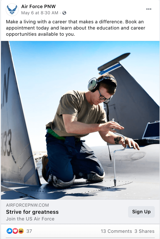 Screenshot of a Facebook post from Air Force PNW with an image of a white man kneeling on an airplane and doing maintenance.