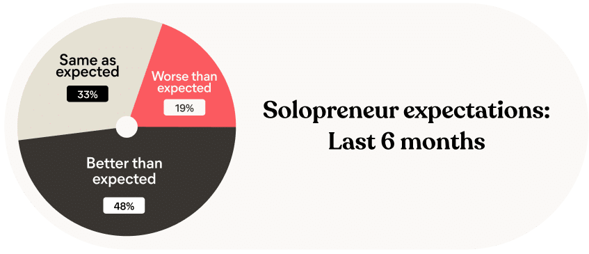 Pie chart with title Solopreneur expectations Last 6 months. Chart reads 33% same as expected, 19% worse than expected, 48% better than expected.