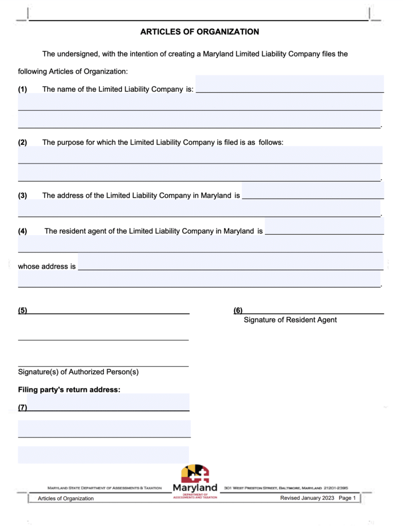 Screenshot of Maryland Aricles of Organization form.
